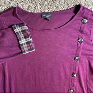 IN Studio round neck plaid ruffle 1X tunic blouse academia‎ scholar casual women